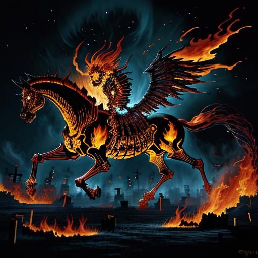 Flaming Skeletal Horse Galloping at Night