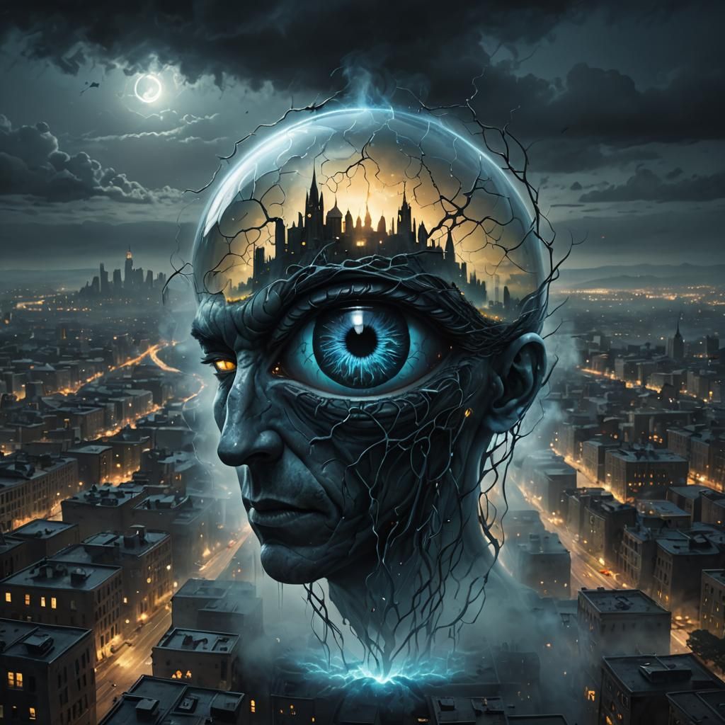 Glass Brain Eye in Ethereal Dark Fantasy Landscape