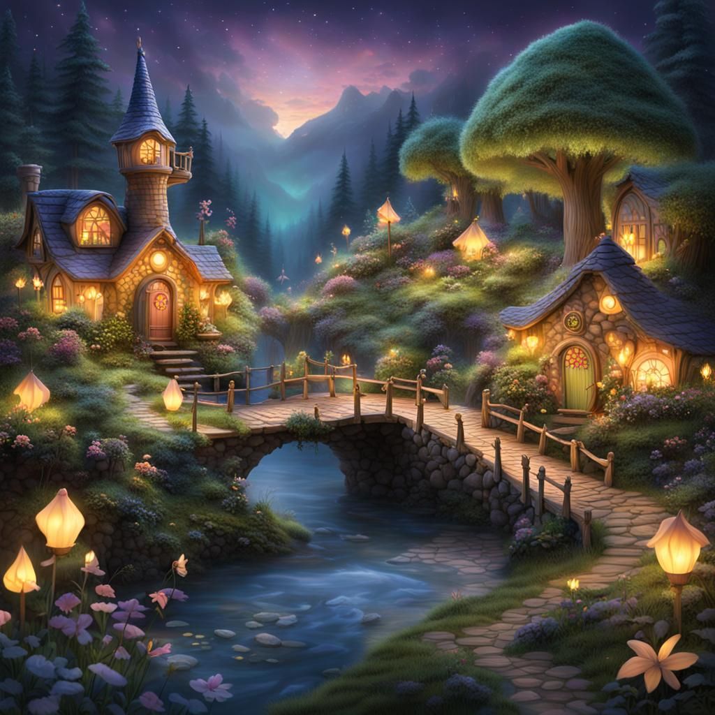 Enchanted Fairy Town Aglow with Fireflies at Twilight