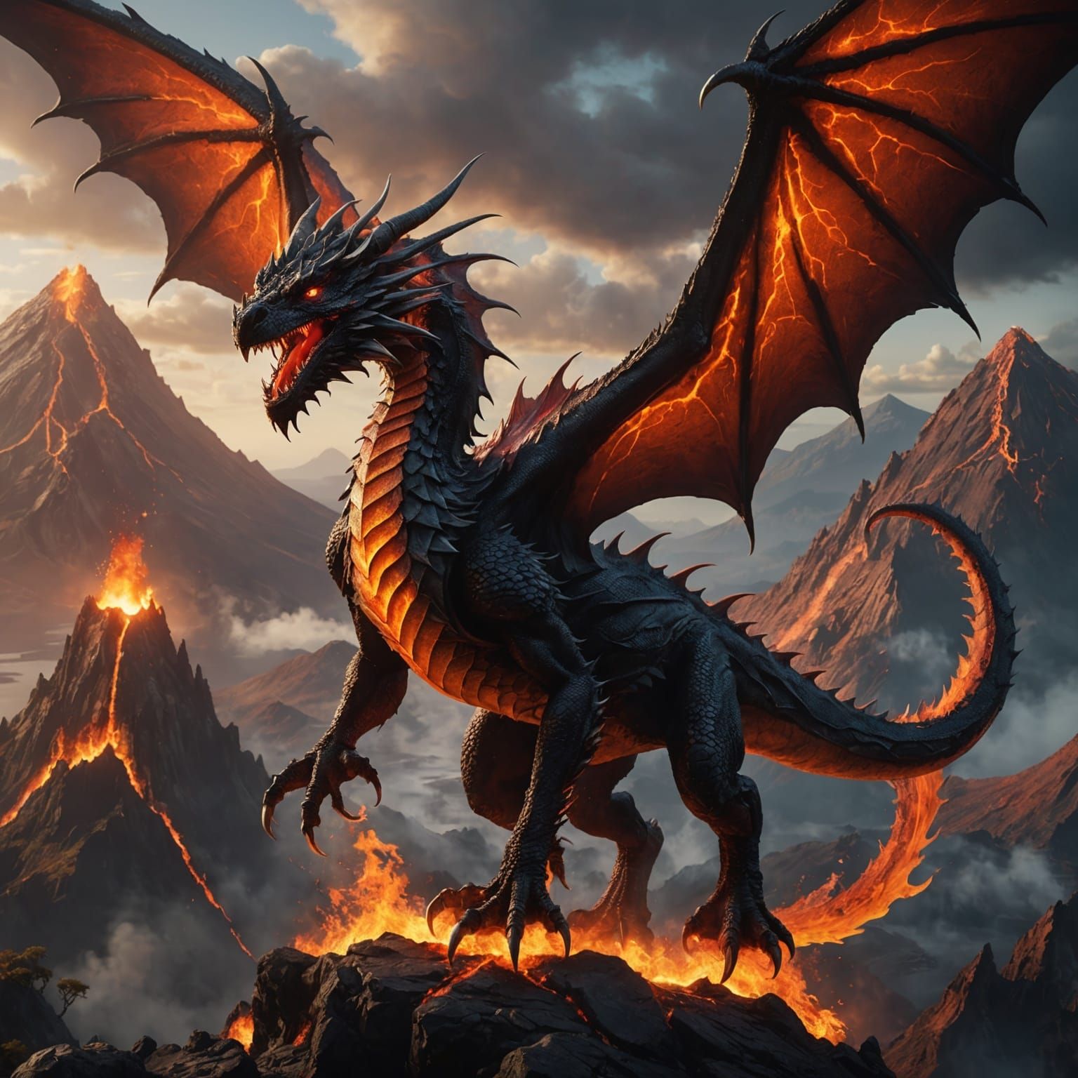 Fiery Dragon Soaring Above Volcano