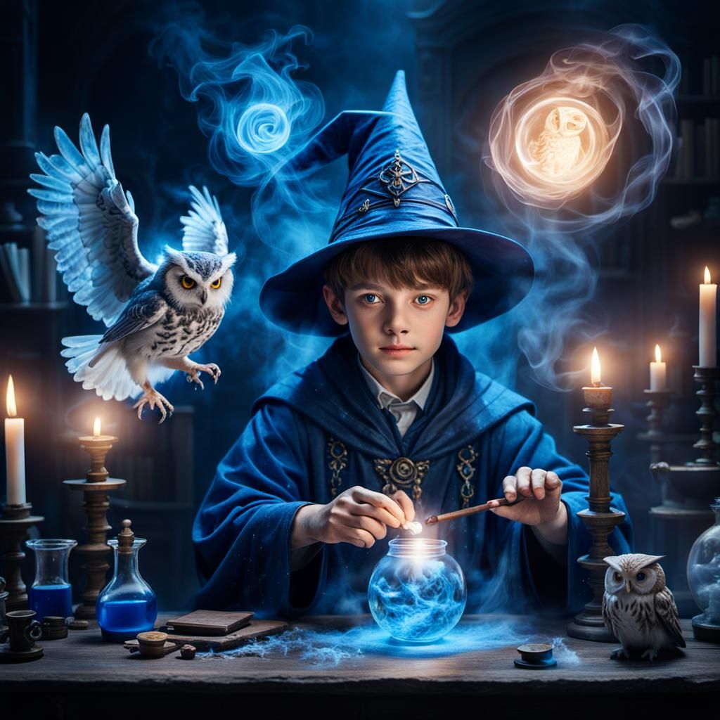 Magical Wizard Boy with Ghostly Owl Portrait