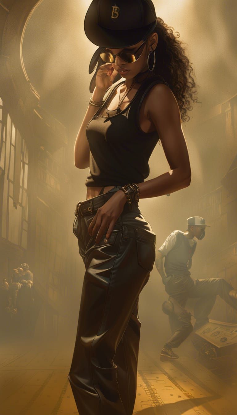 Brunette in 90s Hip-Hop Fashion, Digital Illustration