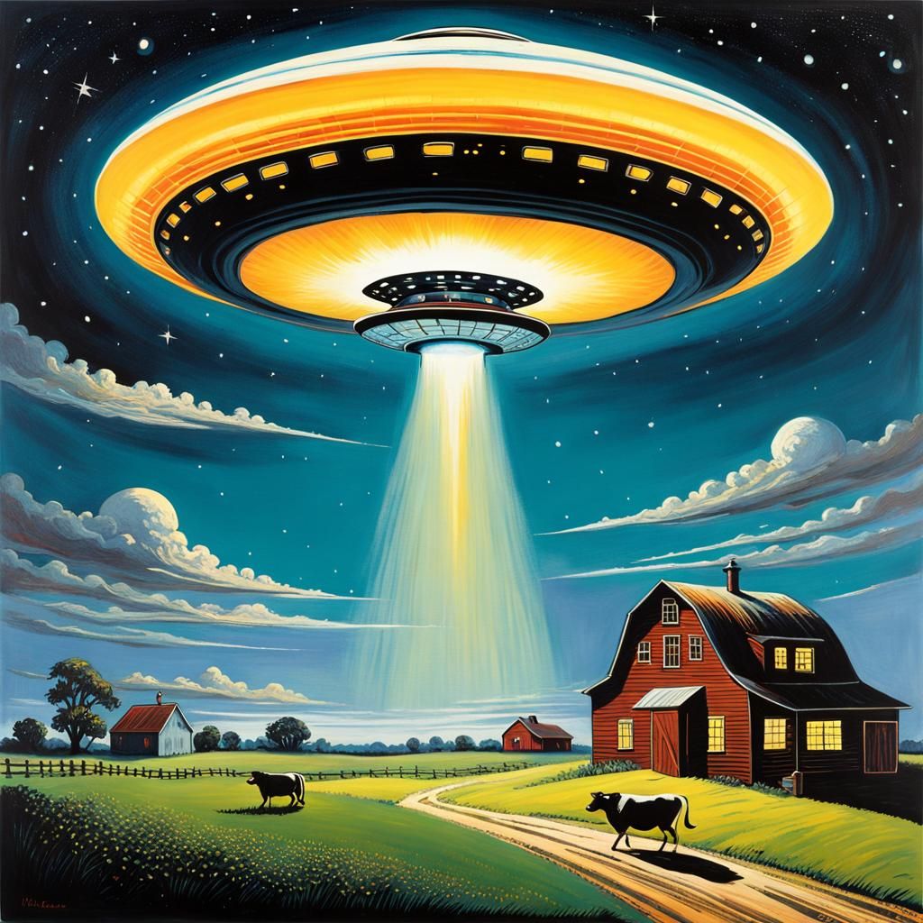 Flying Saucer Abducting Cow: Sci-Fi Book Cover Art