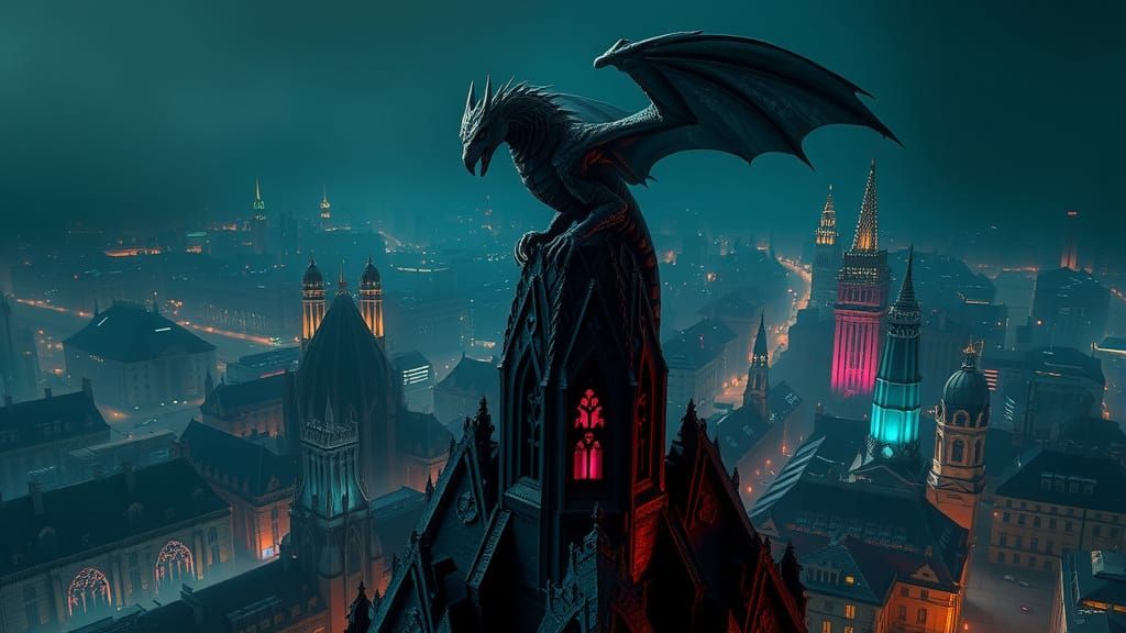 Obsidian Drake Guards Gothic City in Dark Fantasy Matte Pain...