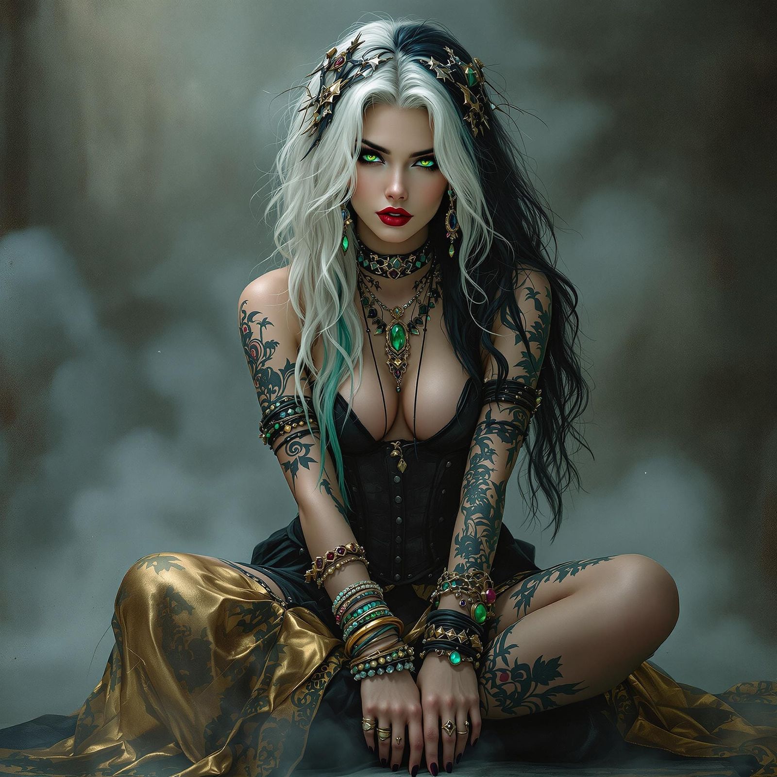 Fantasy Goddess with Vibrant Hair and Colorful Tattoos