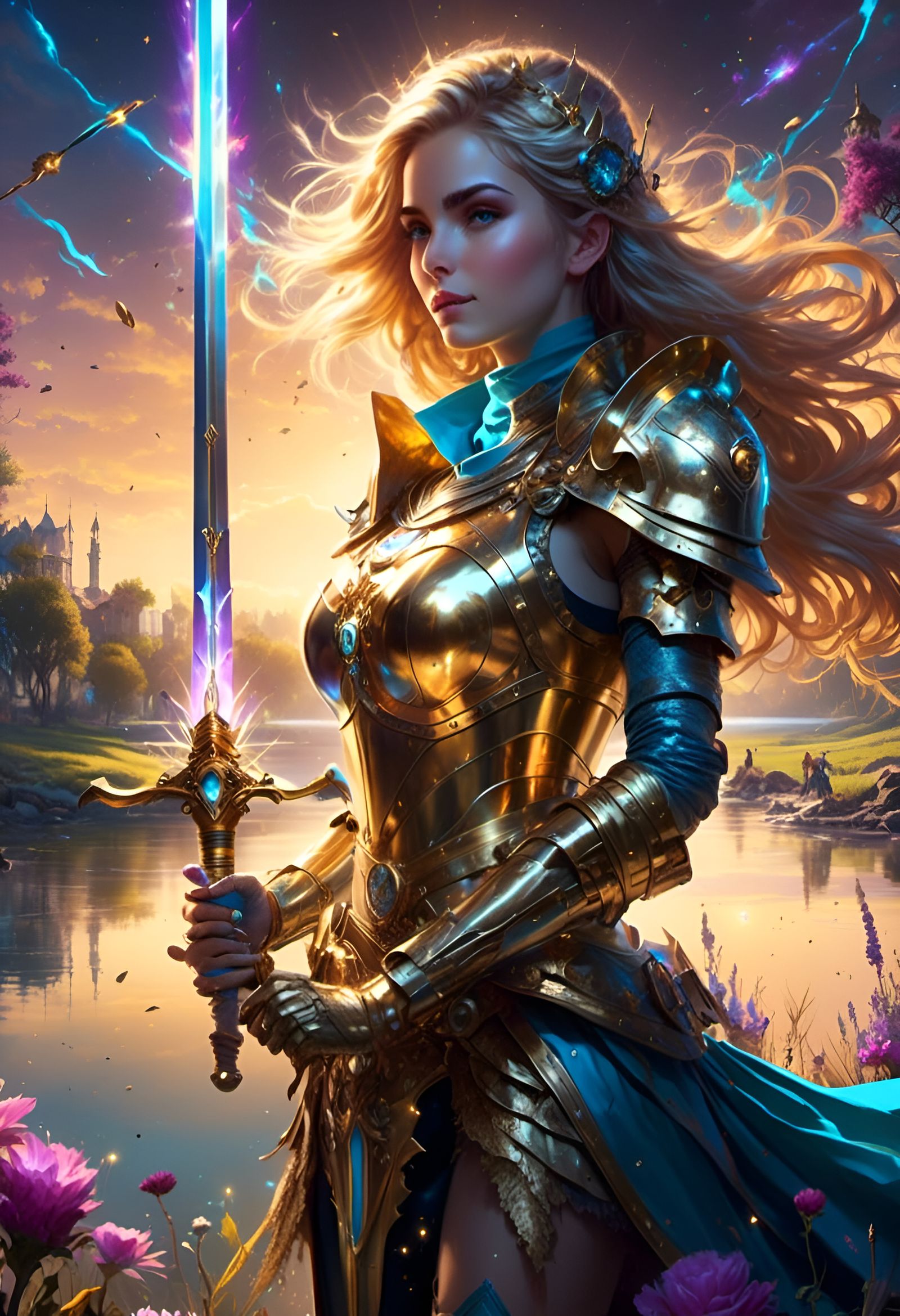 Golden Knight Girl in Aetherpunk Armor