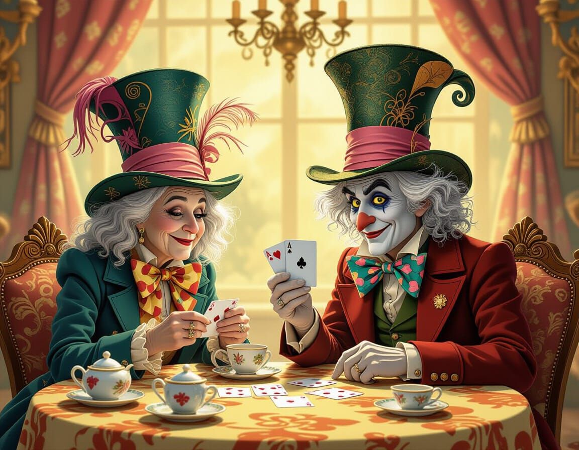 Elderly Alice and Mad Hatter Tea Party in Whimsical Style