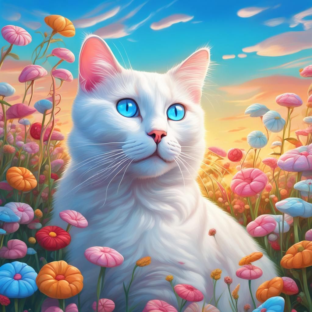 Blue-Eyed Cat in Flower Field: Candy Art