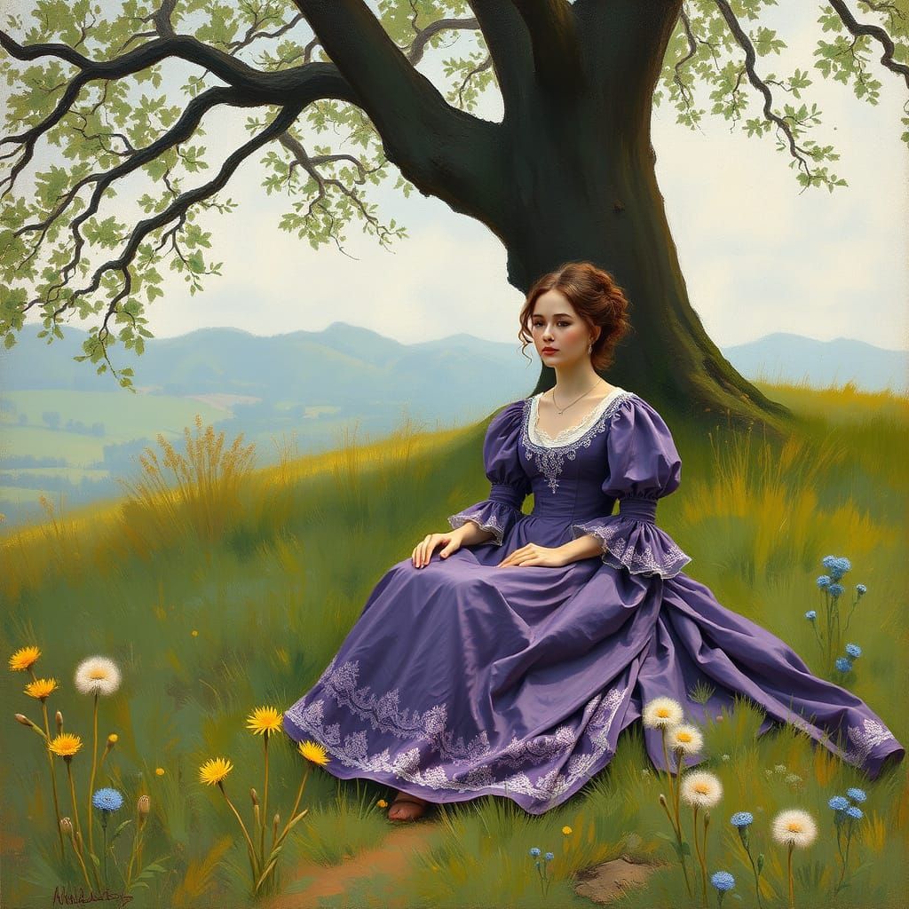 Woman in Victorian Dress: Impressionistic Grassy Knoll