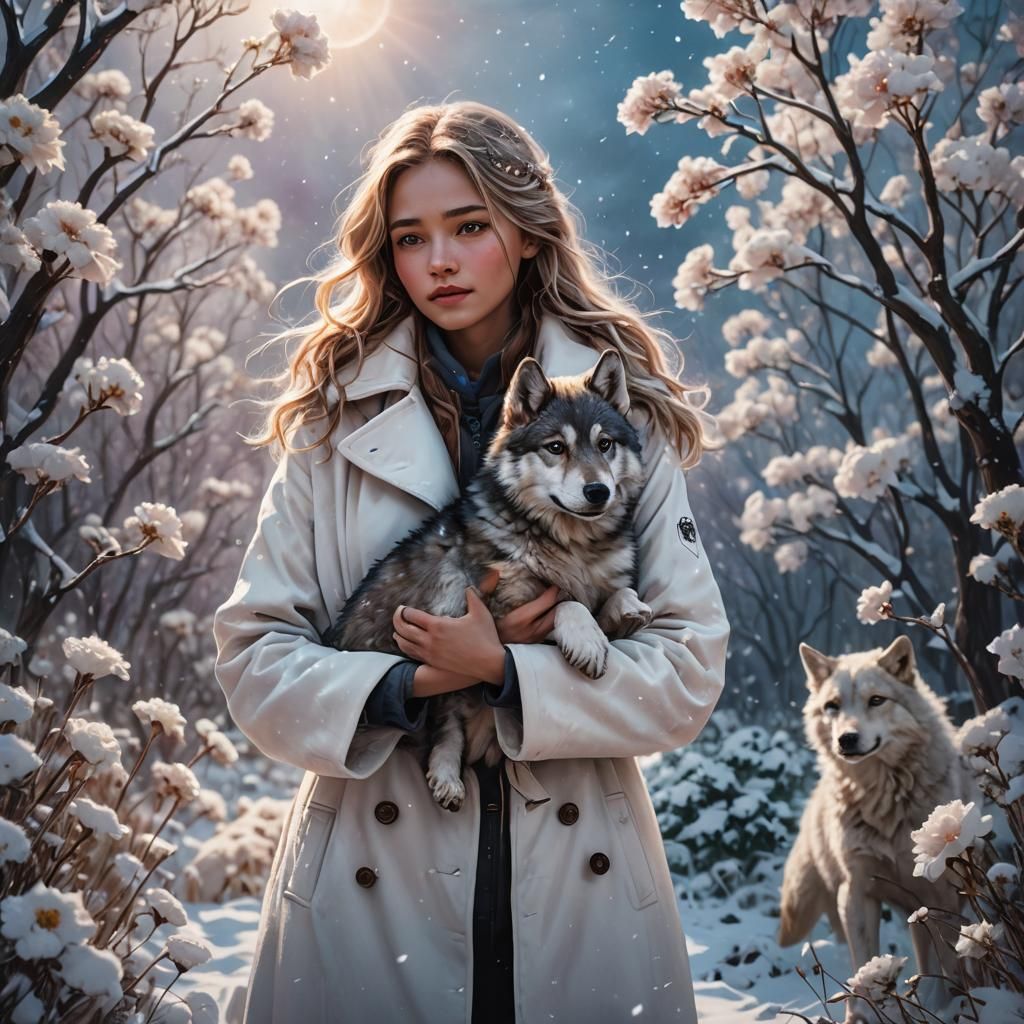 Girl with Wolf Pup in Snowy Field