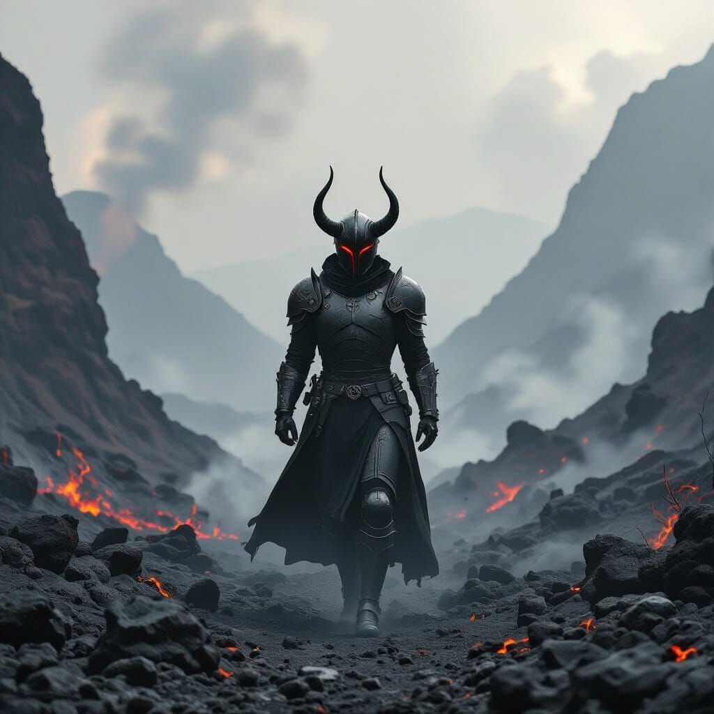 Armored Figure in Volcanic Landscape