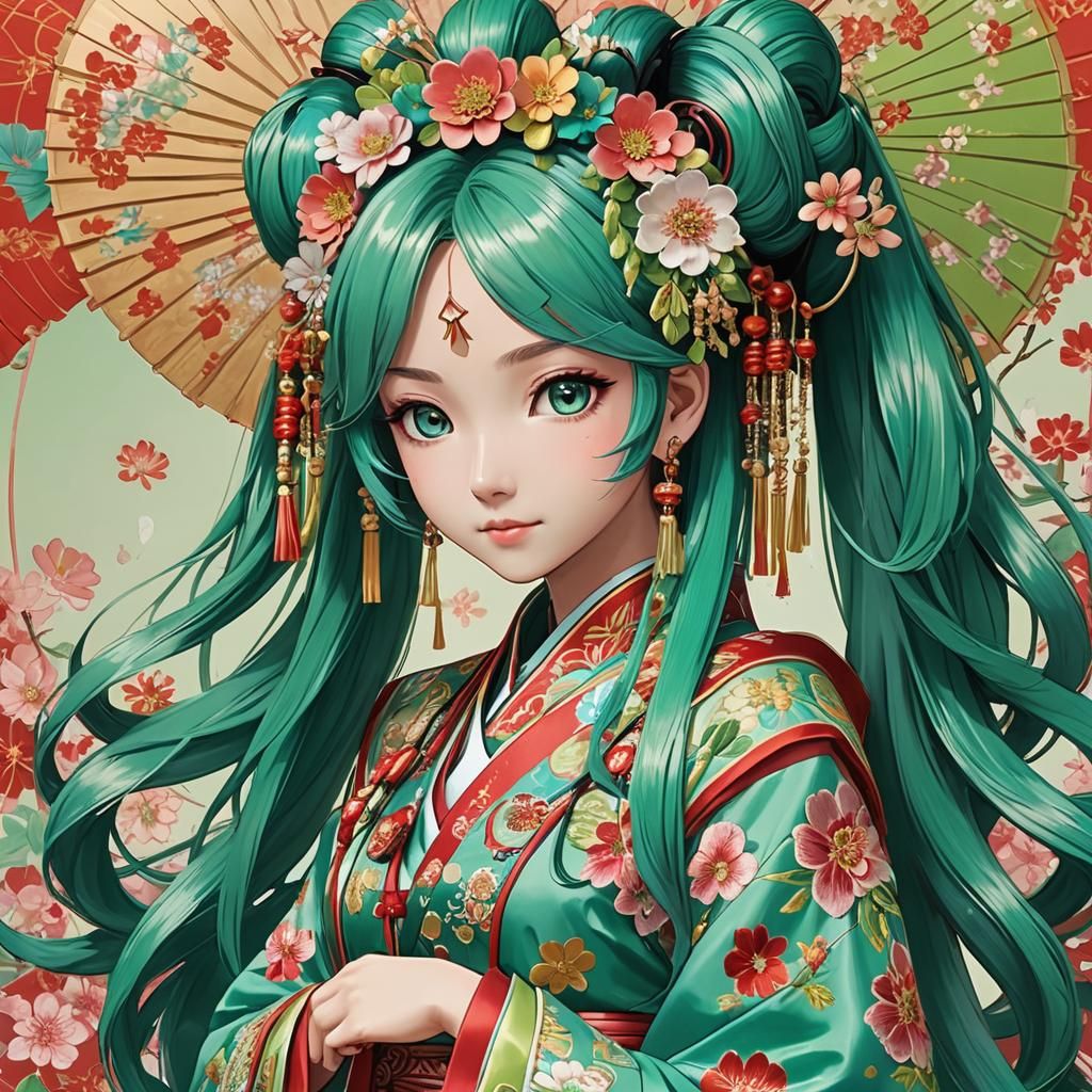 Hatsune Miku in Traditional Chinese Dress, Anime Style