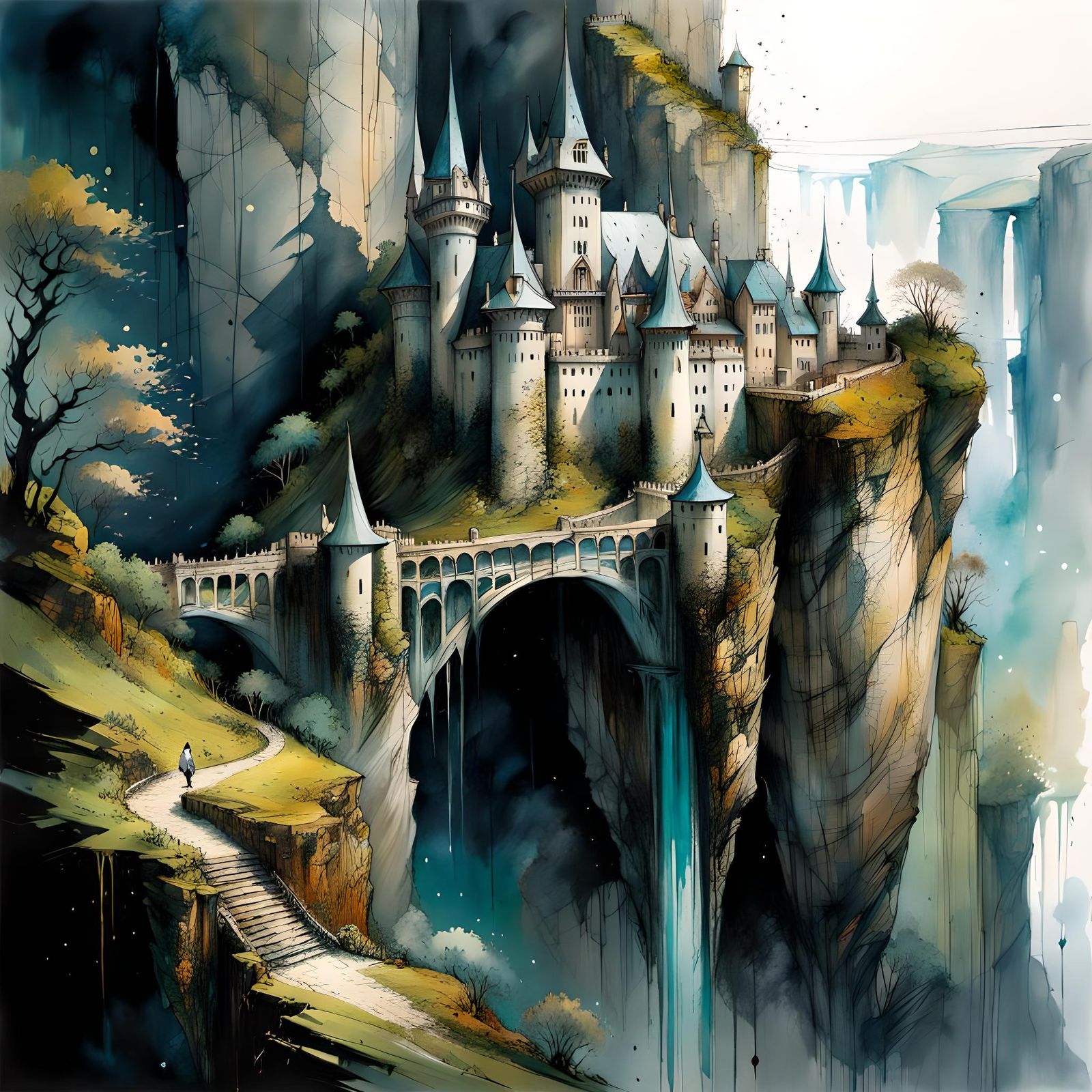 Futuristic Cliffside Castle in Mixed Media Style