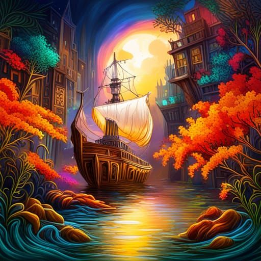 Ethereal Sunken Pirate Ship with Colorful Corals