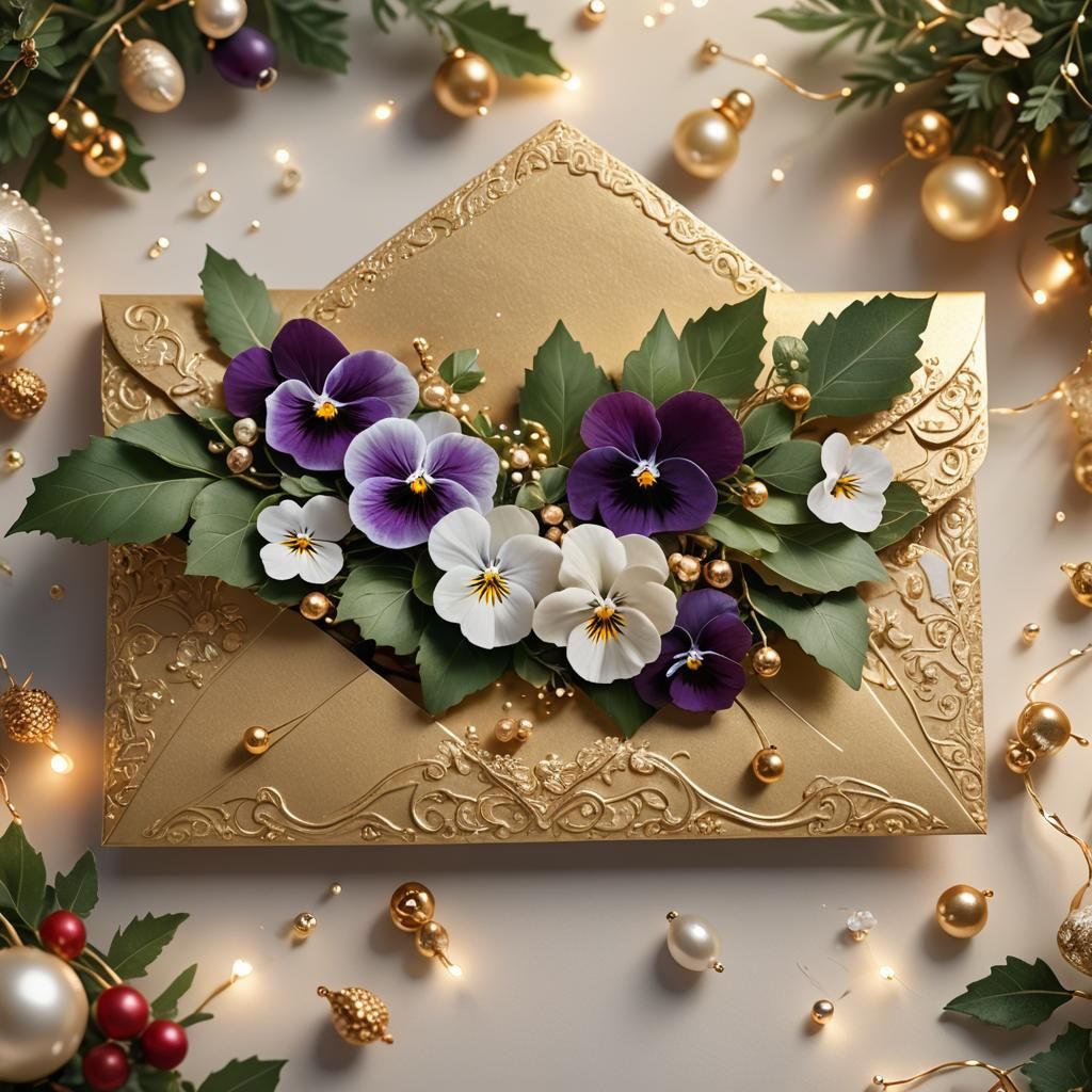 Exquisite Christmas Envelope with Berries and Pansies