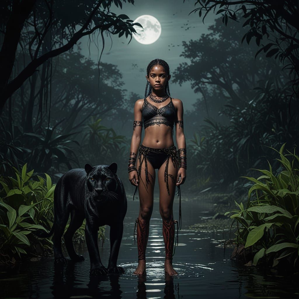 Dark Fantasy Tribal Girl Stands at Jungle Lake with Panther