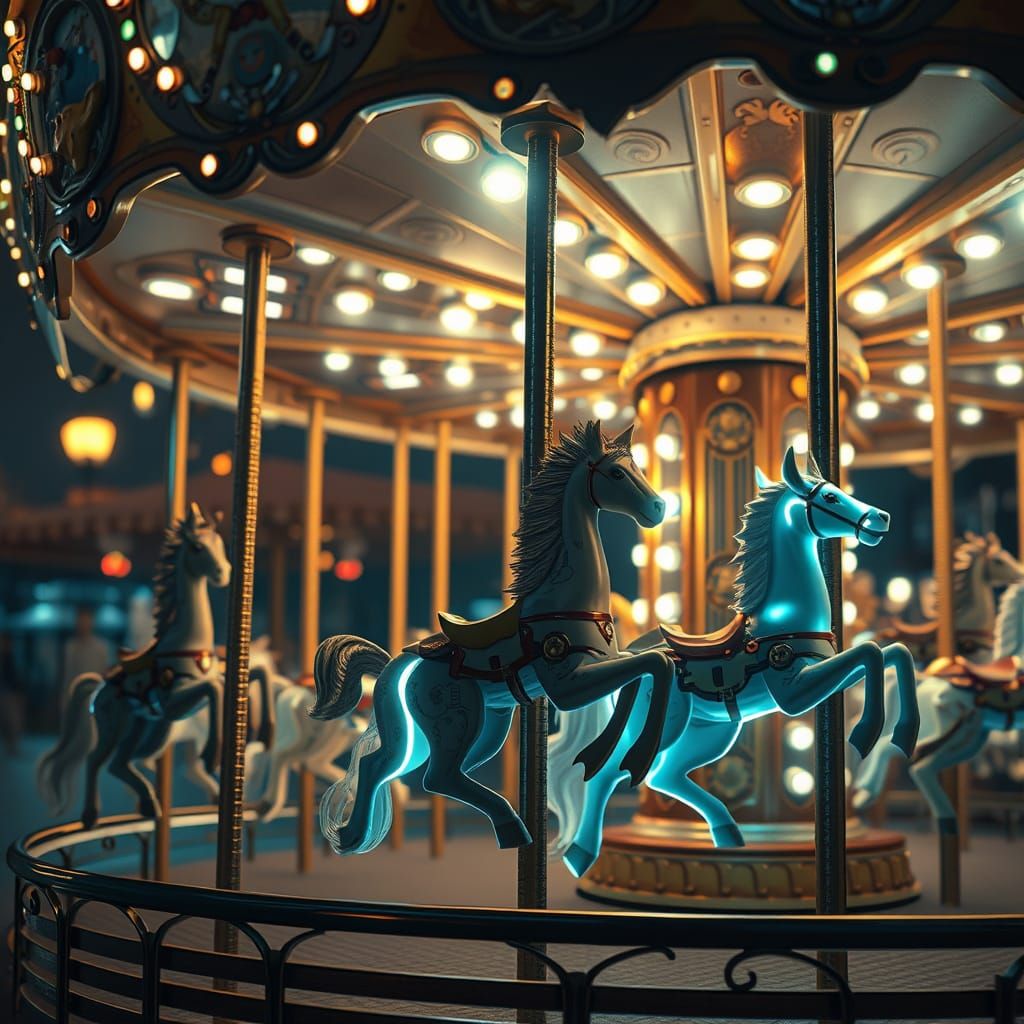 Magical Glowing Mechanical Carousel at Night