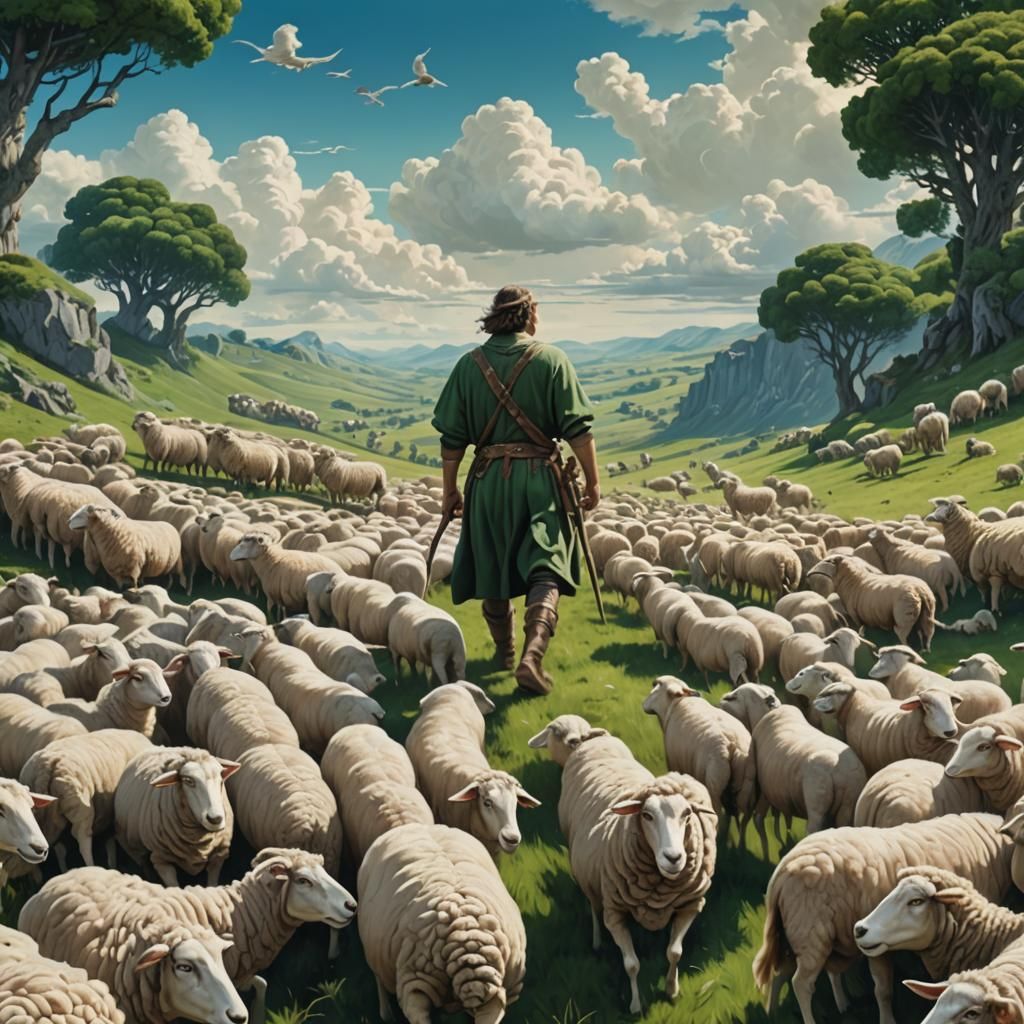 Giant Man Herding Sheep in Mythological Landscape