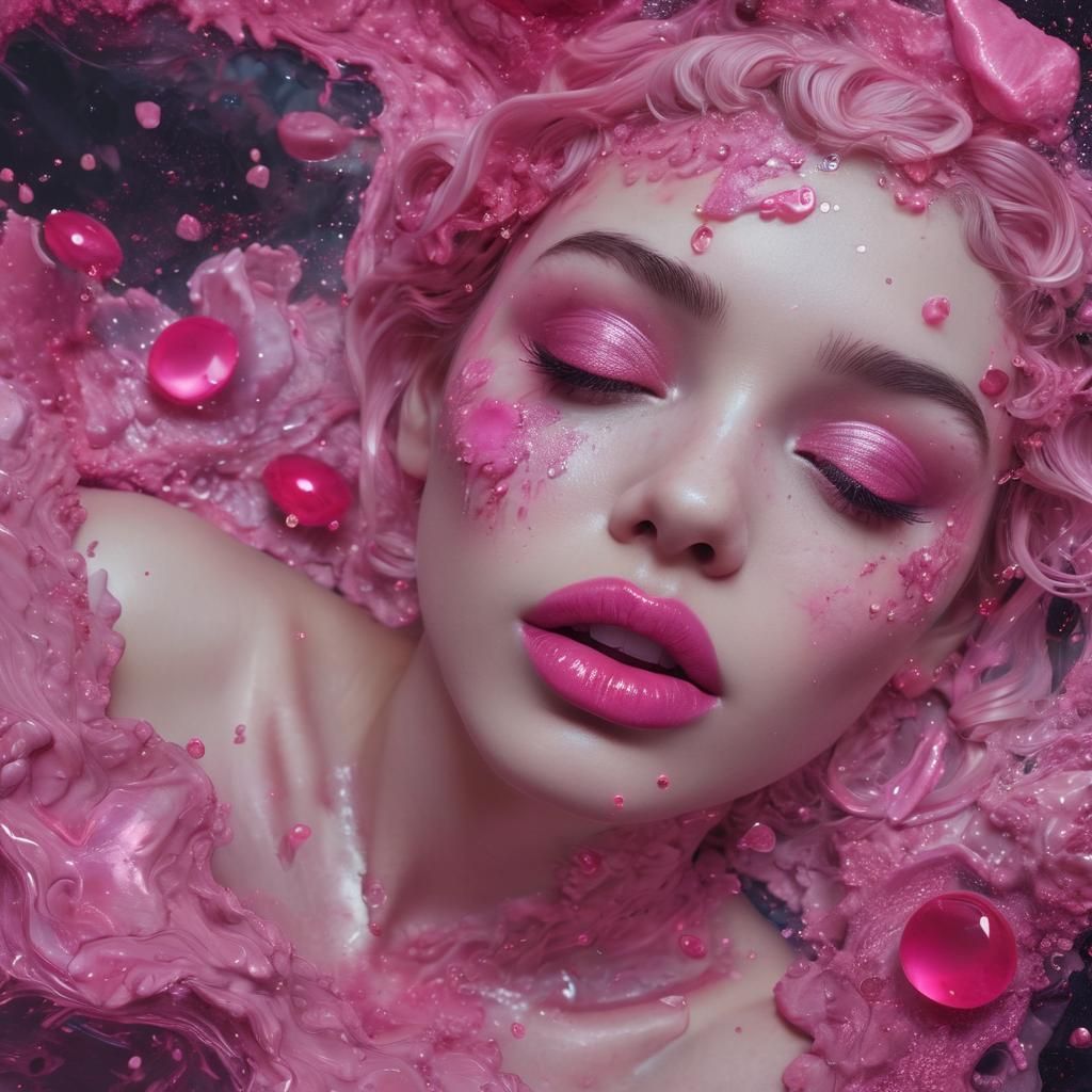 Pink Lips in Mystical Gemstone Ink Dreamscape