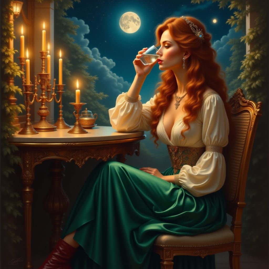 Baroque Portrait of Woman on Terrace at Night