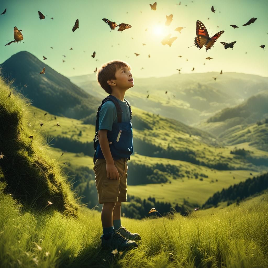 Happy Boy in Sunny Mountain Scene