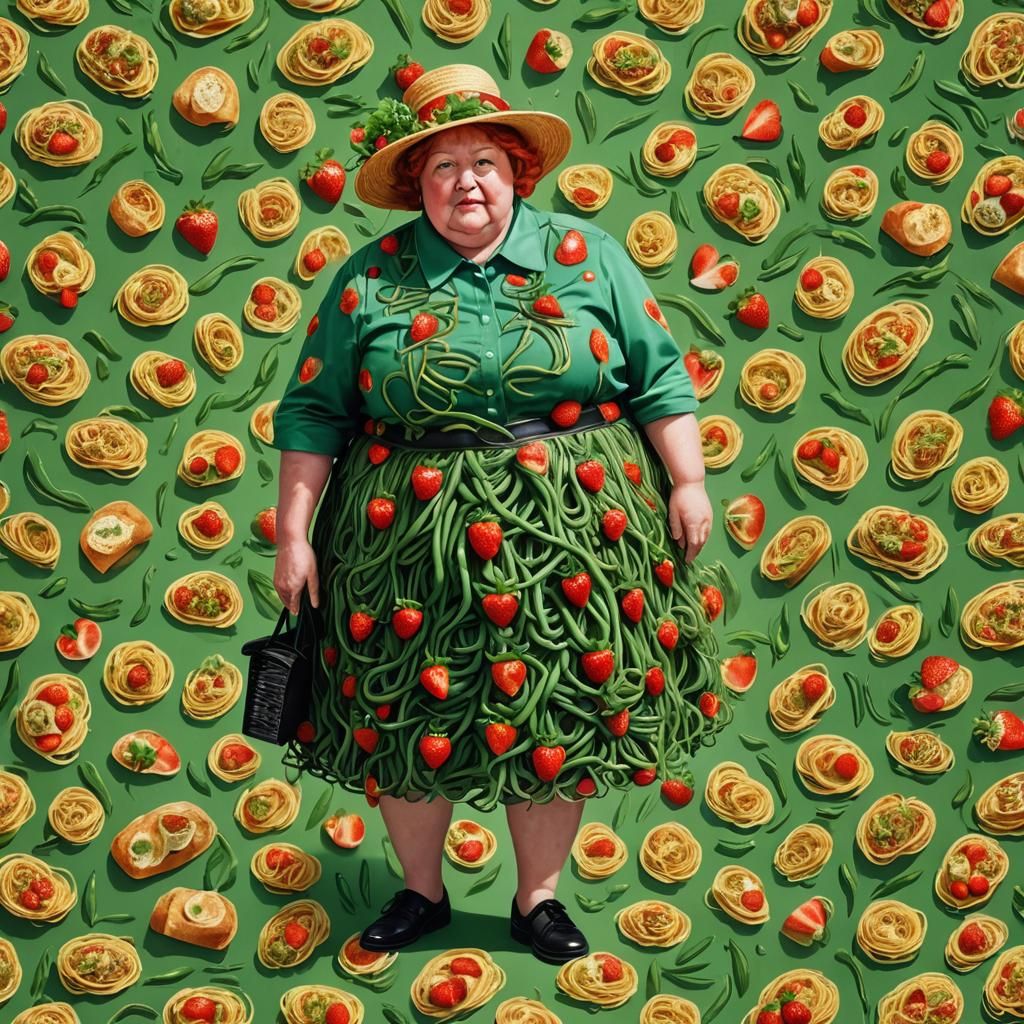 Maximalist Redhead in Spaghetti Shirt and Strawberry Hat