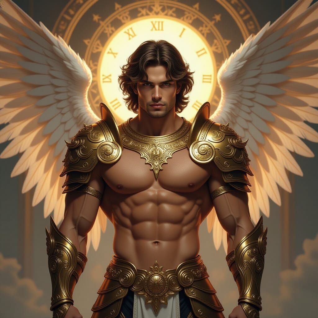 Muscular Angel Man in Golden Zodiac Armor
