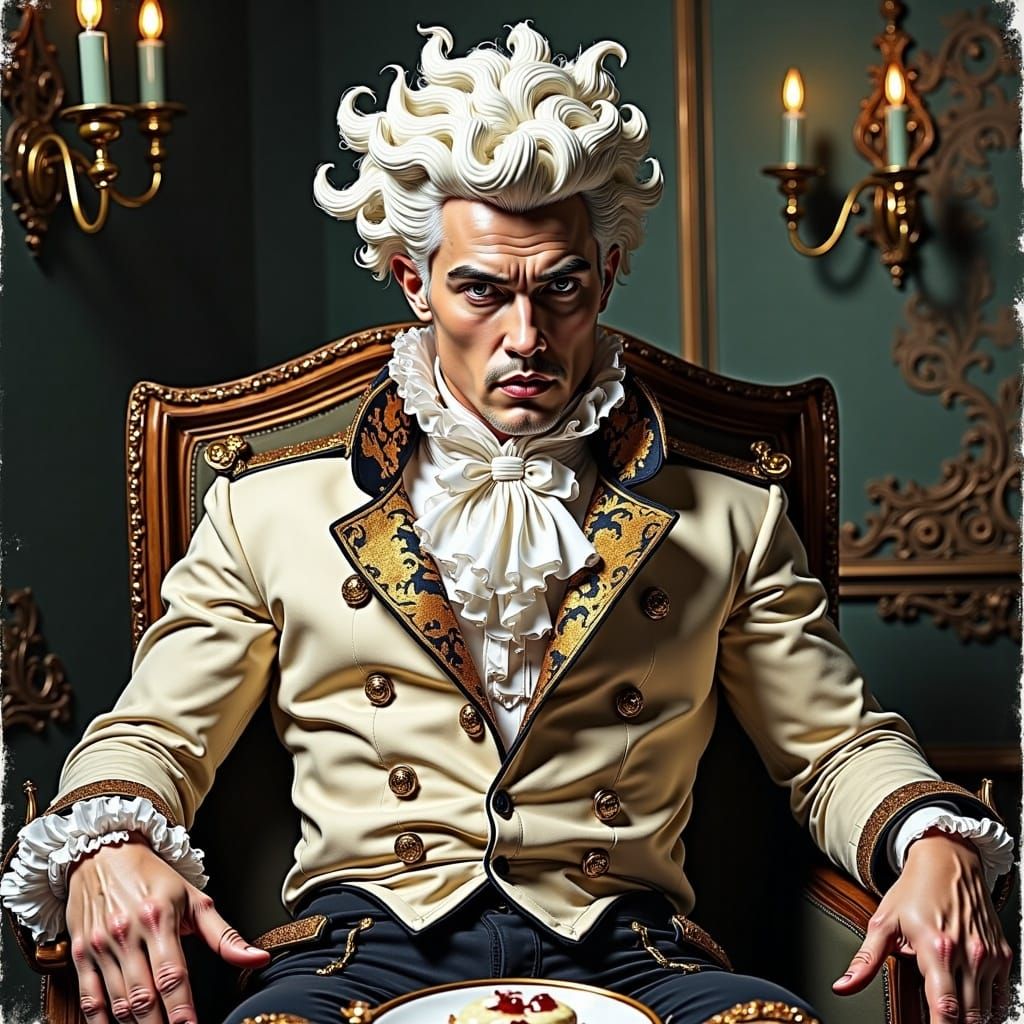 Rococo Man in Lavish Habit, Indulging in Decadent Cake