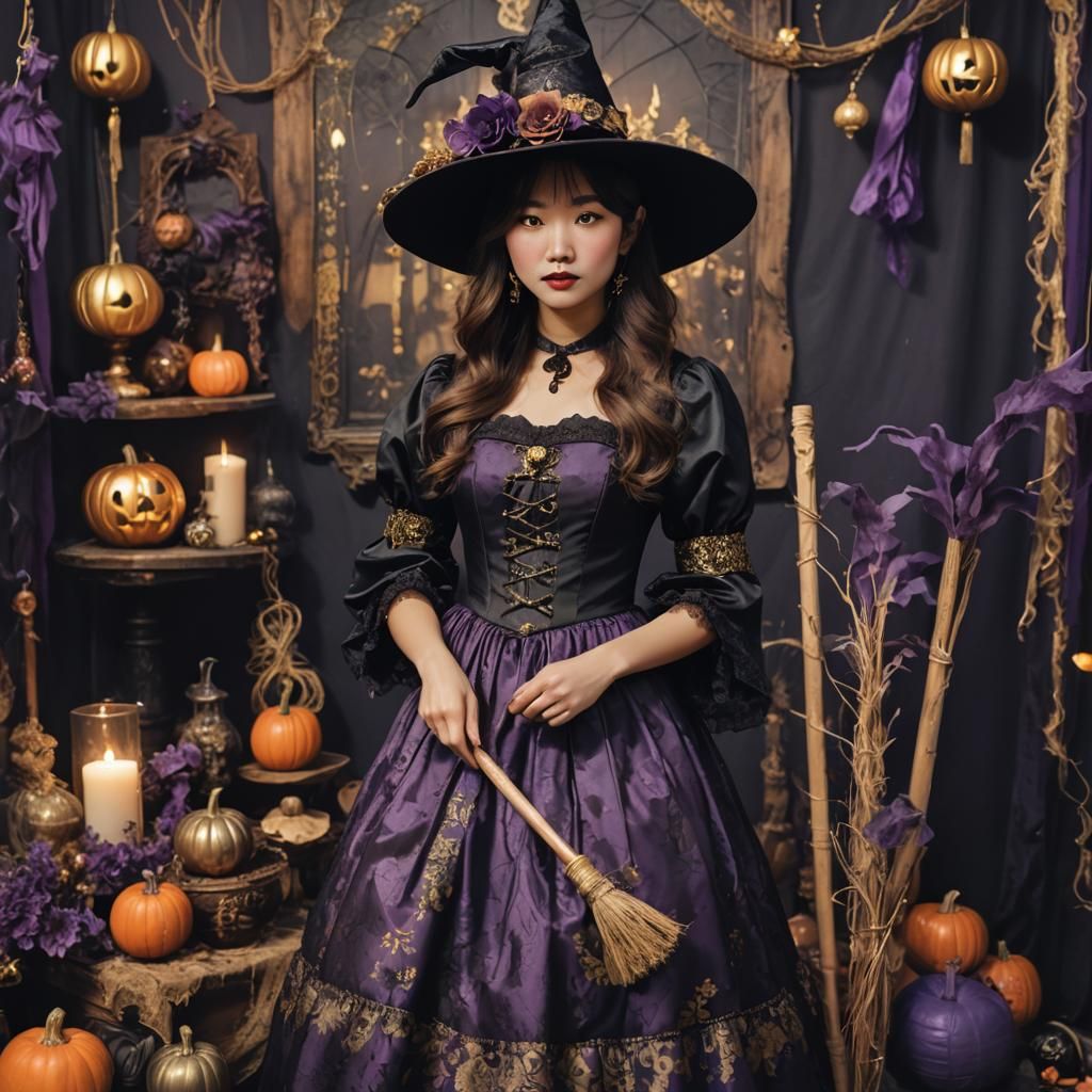 Dreamlike Halloween Witch in Eerie Gothic Scene