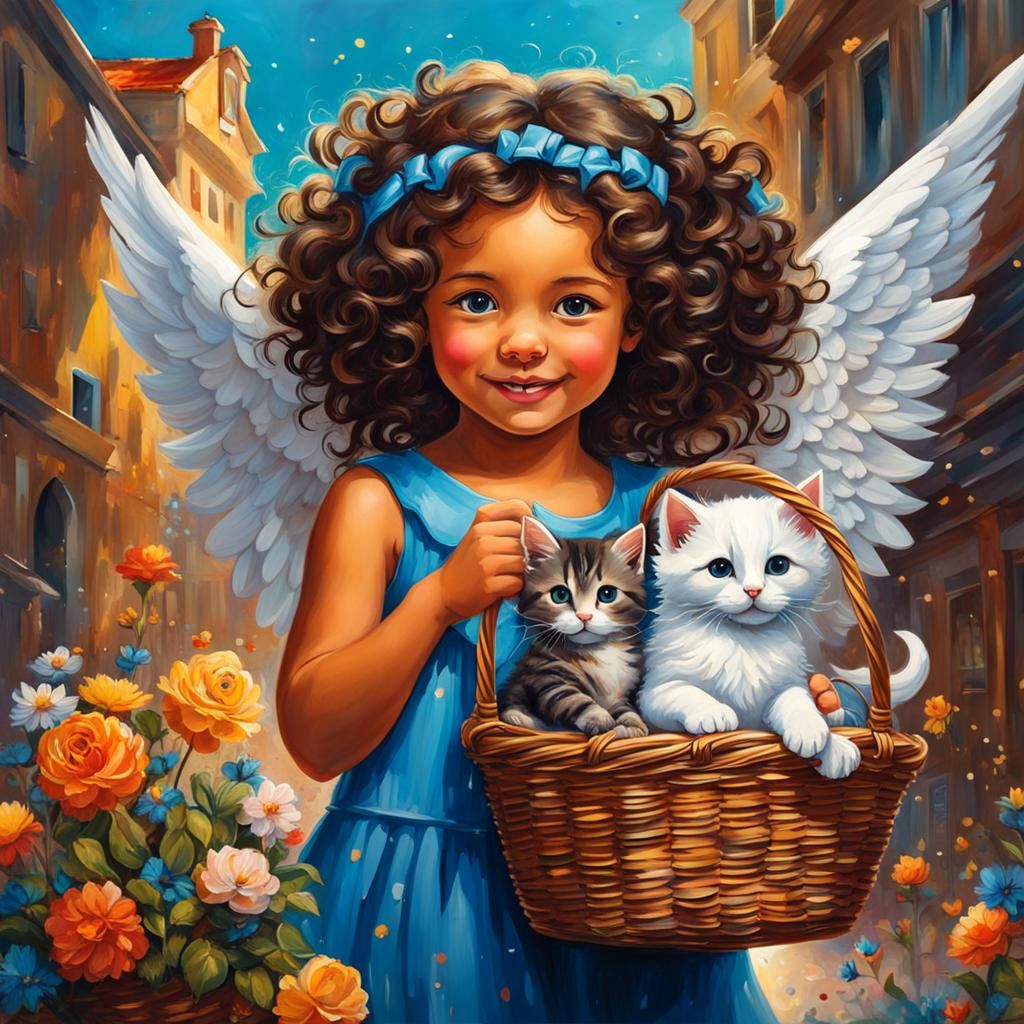 Girl with Kittens and Angel in Graffiti Art