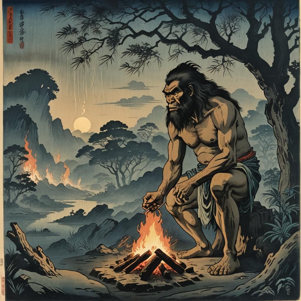 Caveman Admires Fire in Woodblock Print Style