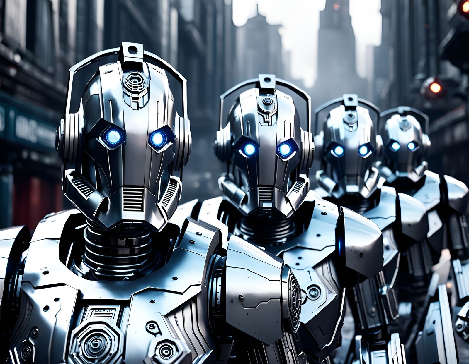 Detailed Cybermen Ground-Level Mech Shot in Sci-Fi Style