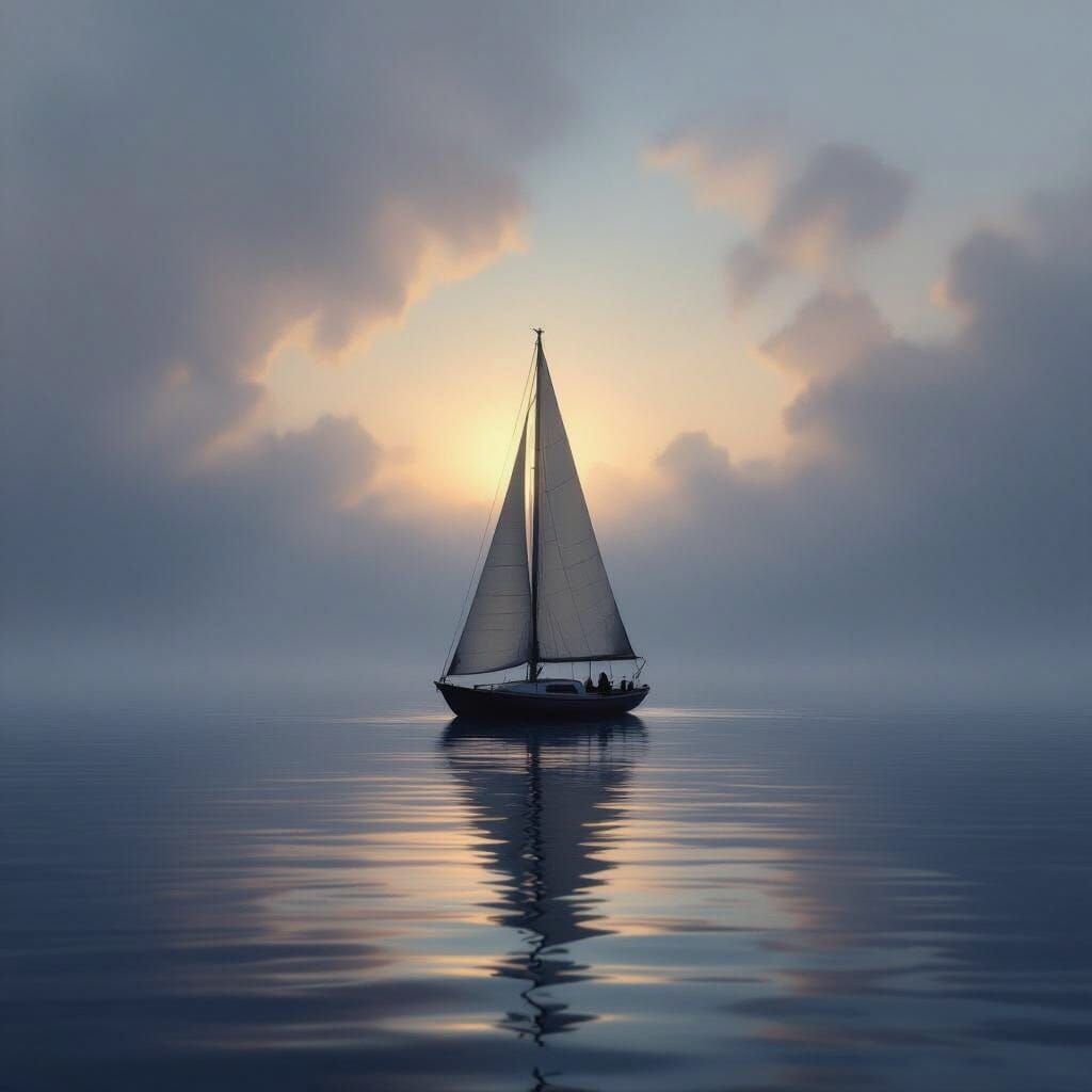 Sailboat on Misty Sea Under Ethereal Light