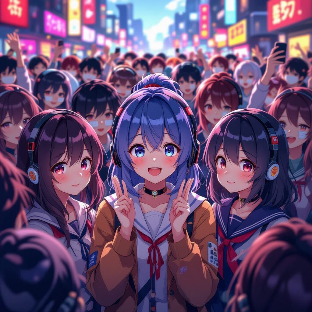 Anime-Style Crowd Taped to Screens, Digital Art