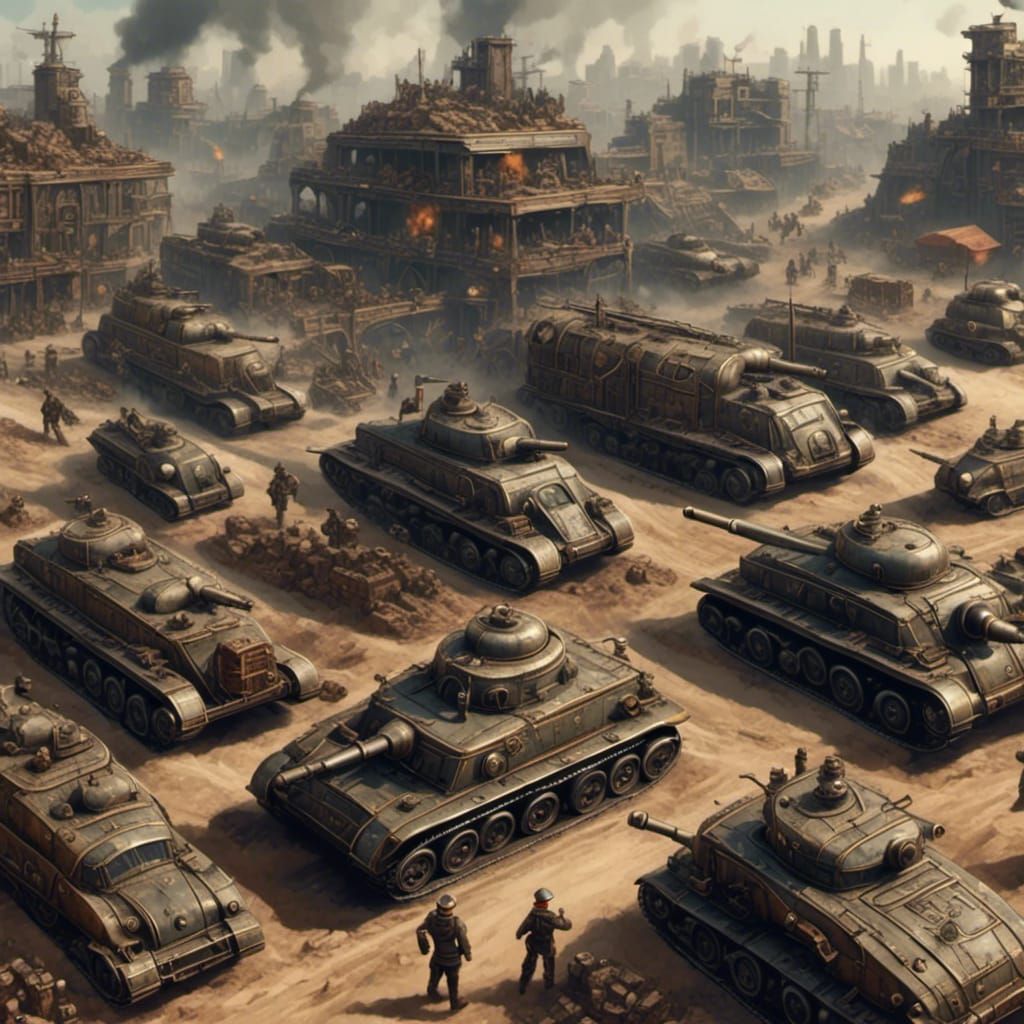 Dieselpunk Army of Soldiers and Tanks