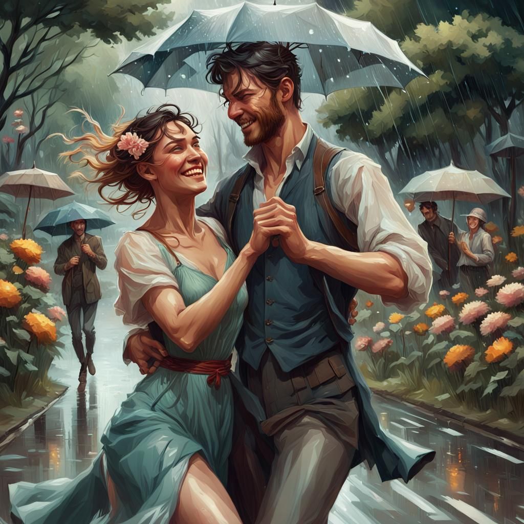 Couple Dancing in Rainy Landscape, Digital Art