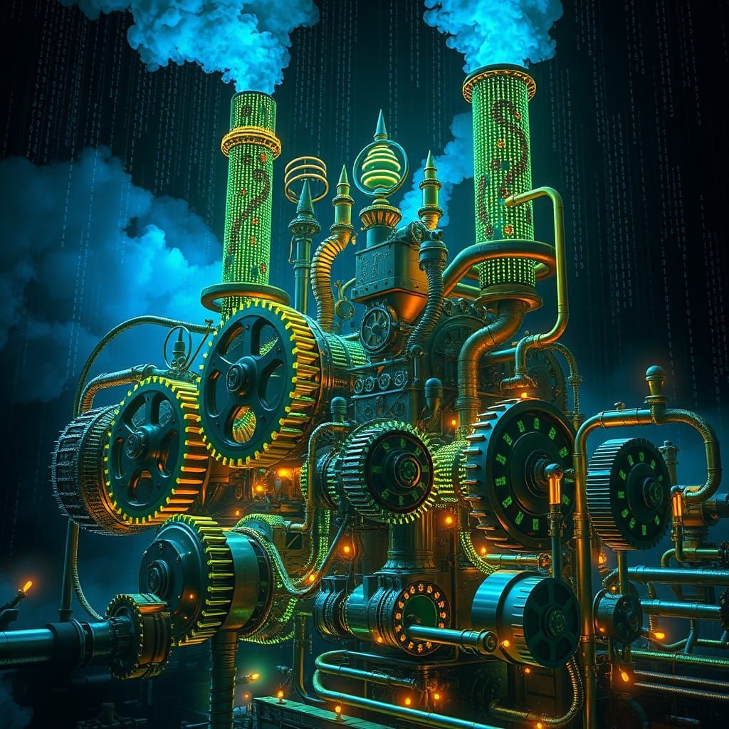 Steampunk Engine Made of Luminous Binary Code