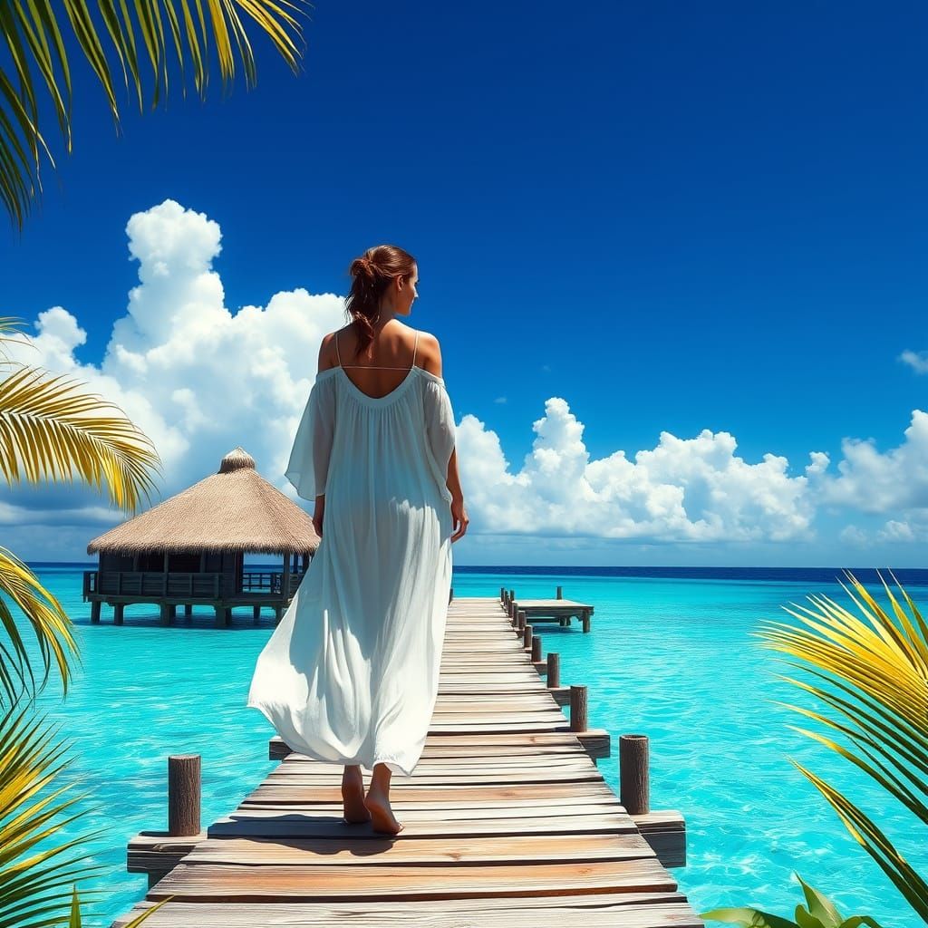Serene Tropical Paradise with a Woman in White on a Wooden J...