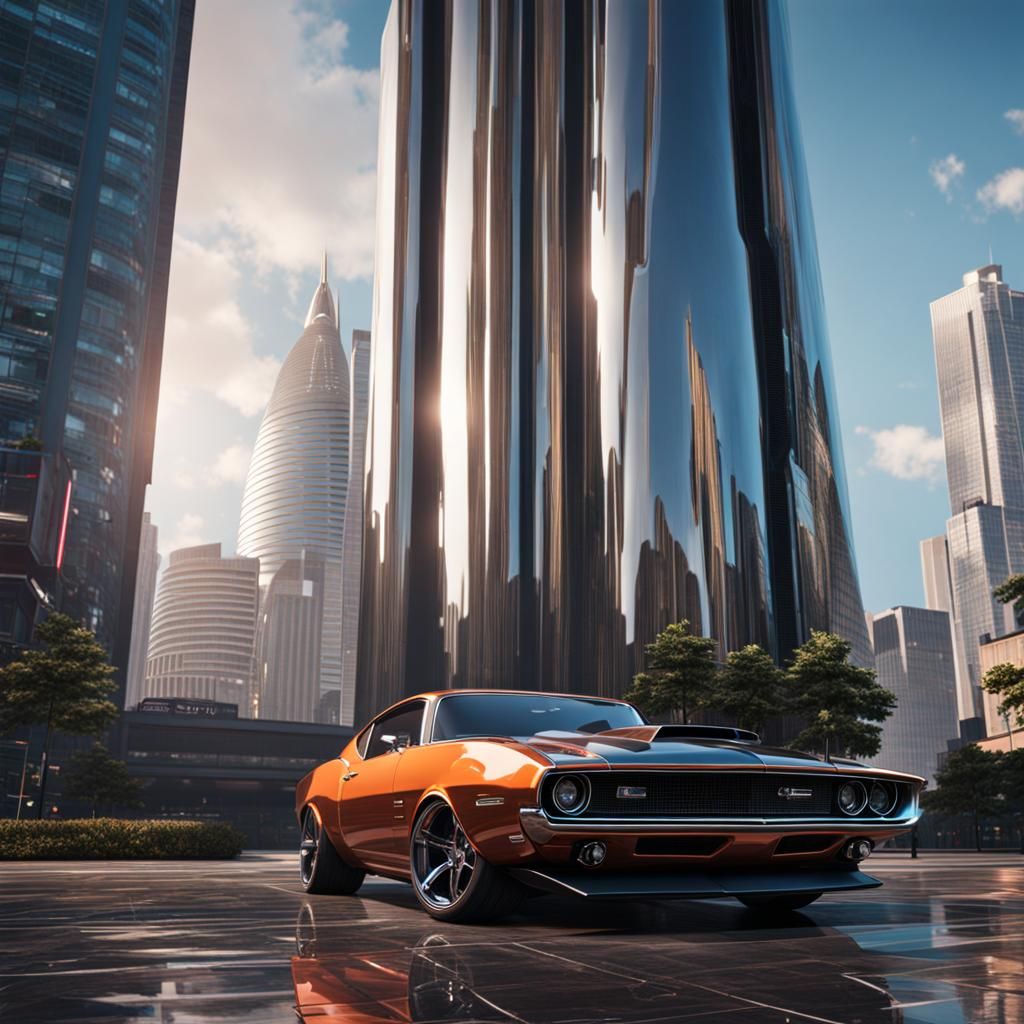 Futuristic Liquid Chrome Muscle Car Before Skyscraper