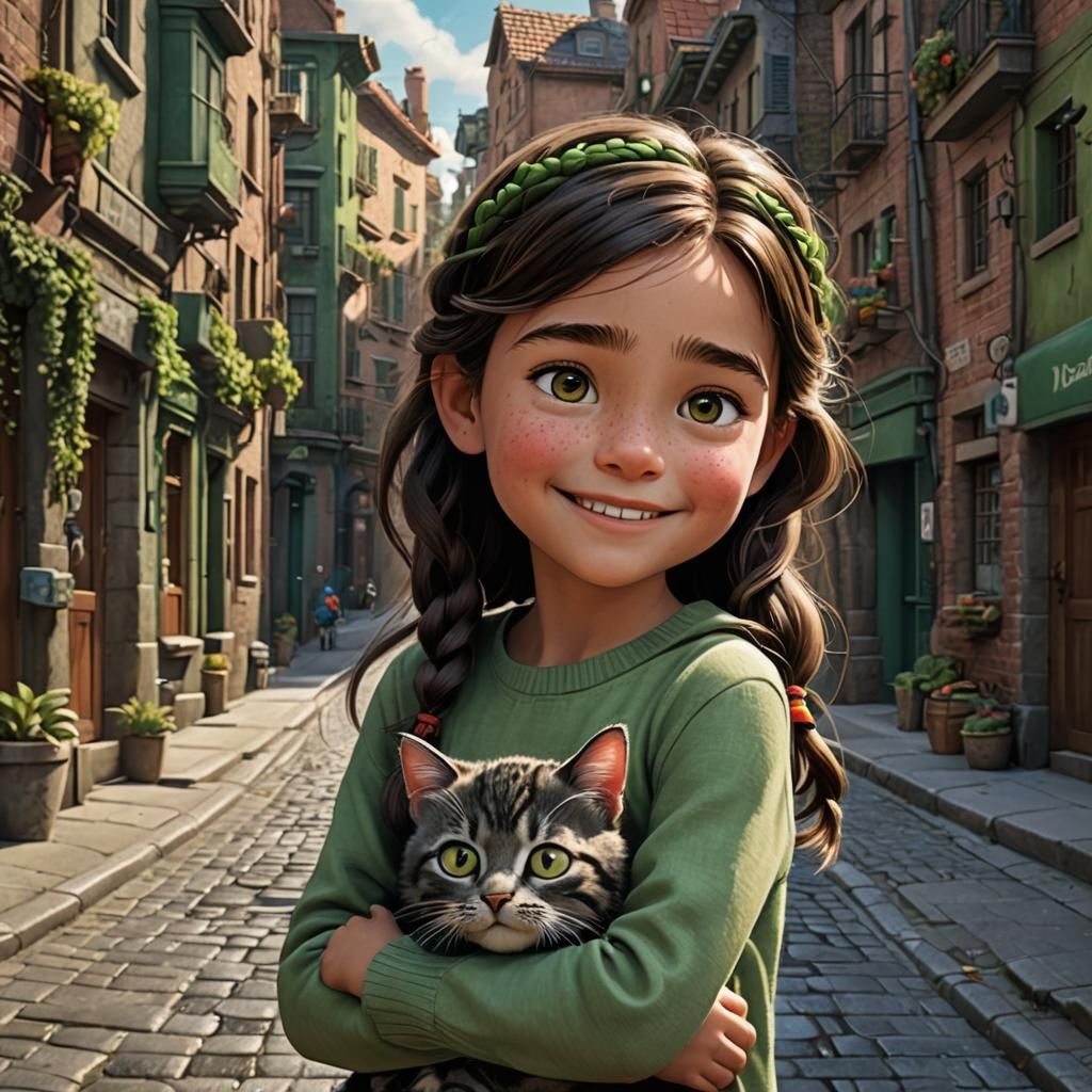 Girl Hugs Smiling Cat in Pixar 3D Style