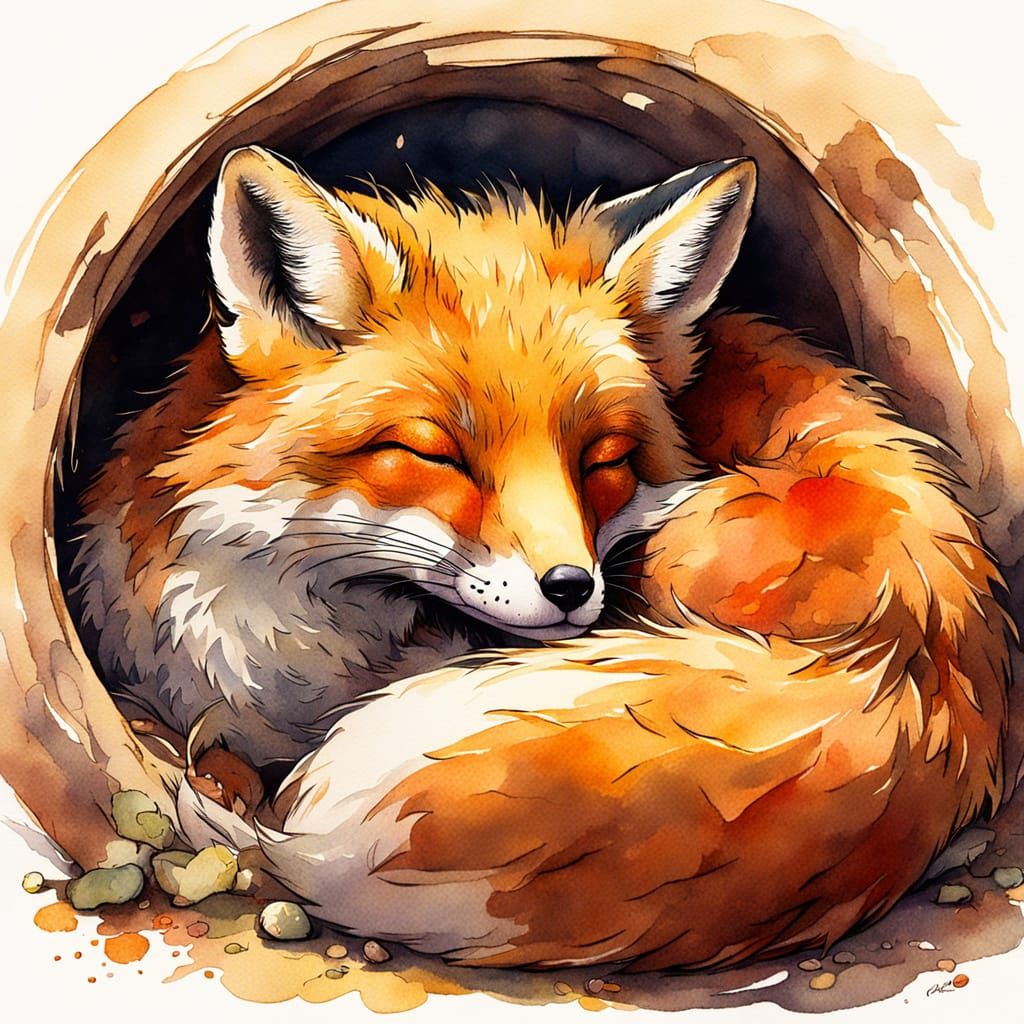 Sleeping Red Fox in Watercolor Beatrix Potter Style