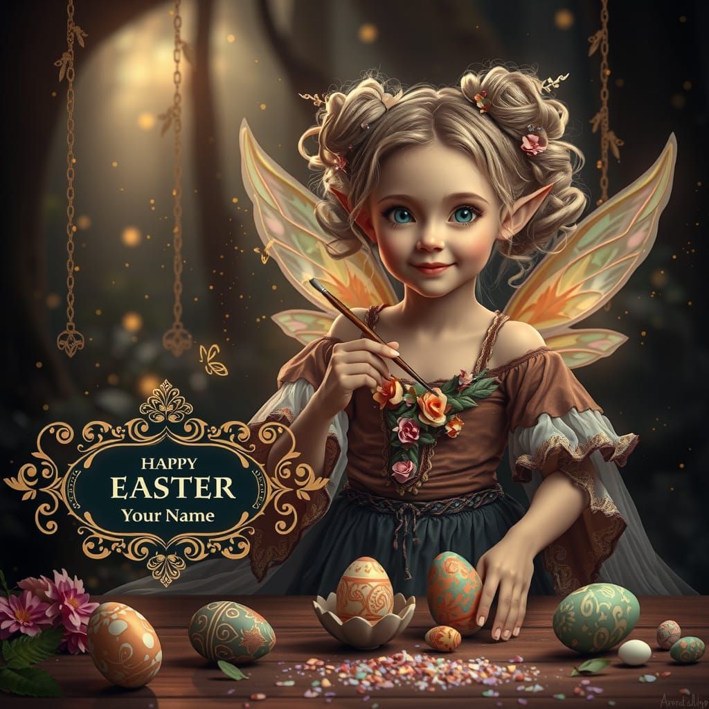 Whimsical Pixie Elf Girl Creates Easter Magic in Lush Forest