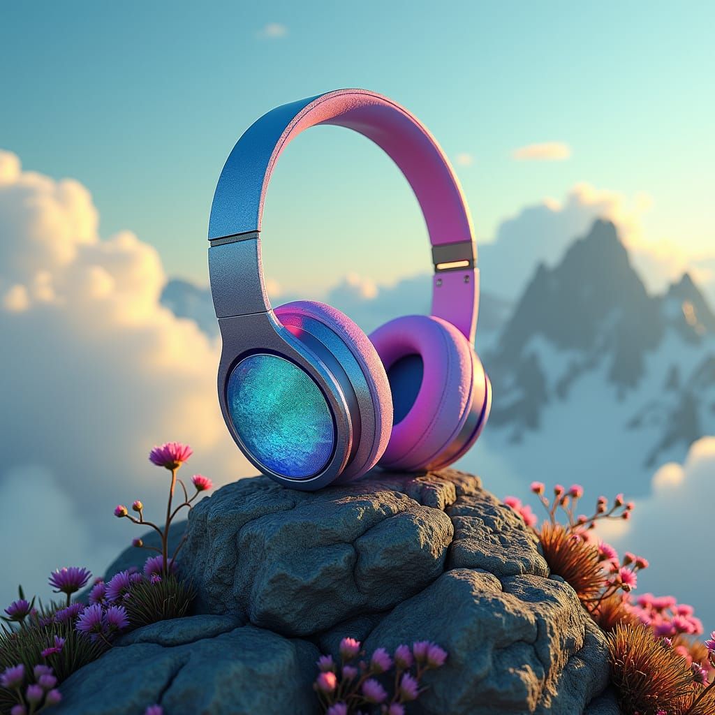 Iridescent Headphones Vibrating on Mountain Peak