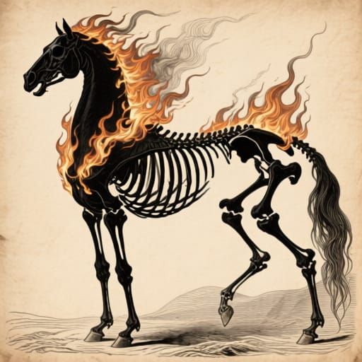 Fiery Horse Skeleton: Ink Sketch in Gothic Horror Style