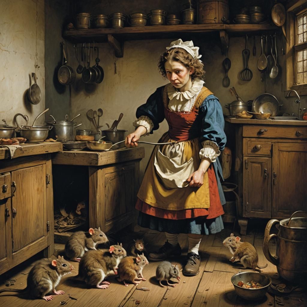 Young Maid Feeding Mice, Rembrandt Style