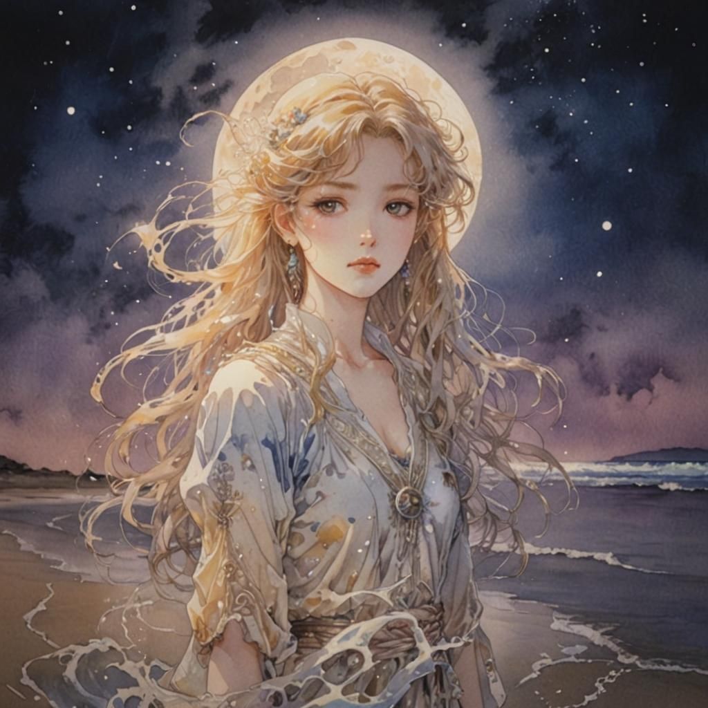Magical Sand Beauty on Moonlit Beach: 80s Anime Watercolor