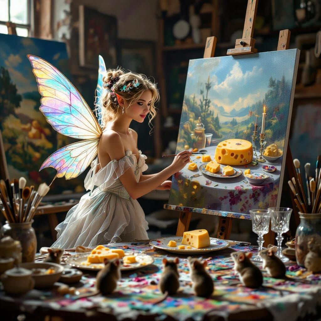 Fairy in cluttered studio with admiring fans