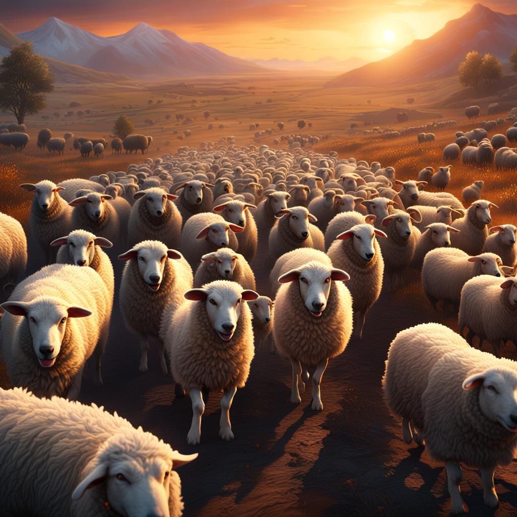 Sheepdog Herding Flock at Sunset: Fantasy Concept Art