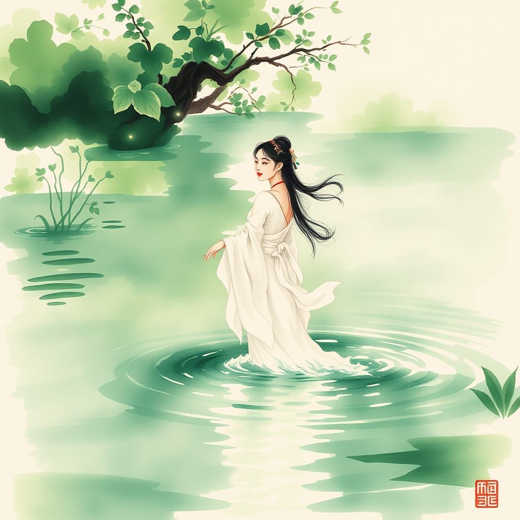 Woman in Lake: Chinese Ink Art Style