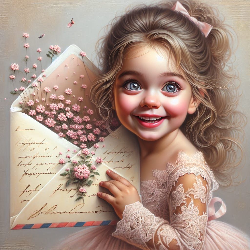 Mischievous Girl Peeking from Floral Envelope as Oil Paintin...
